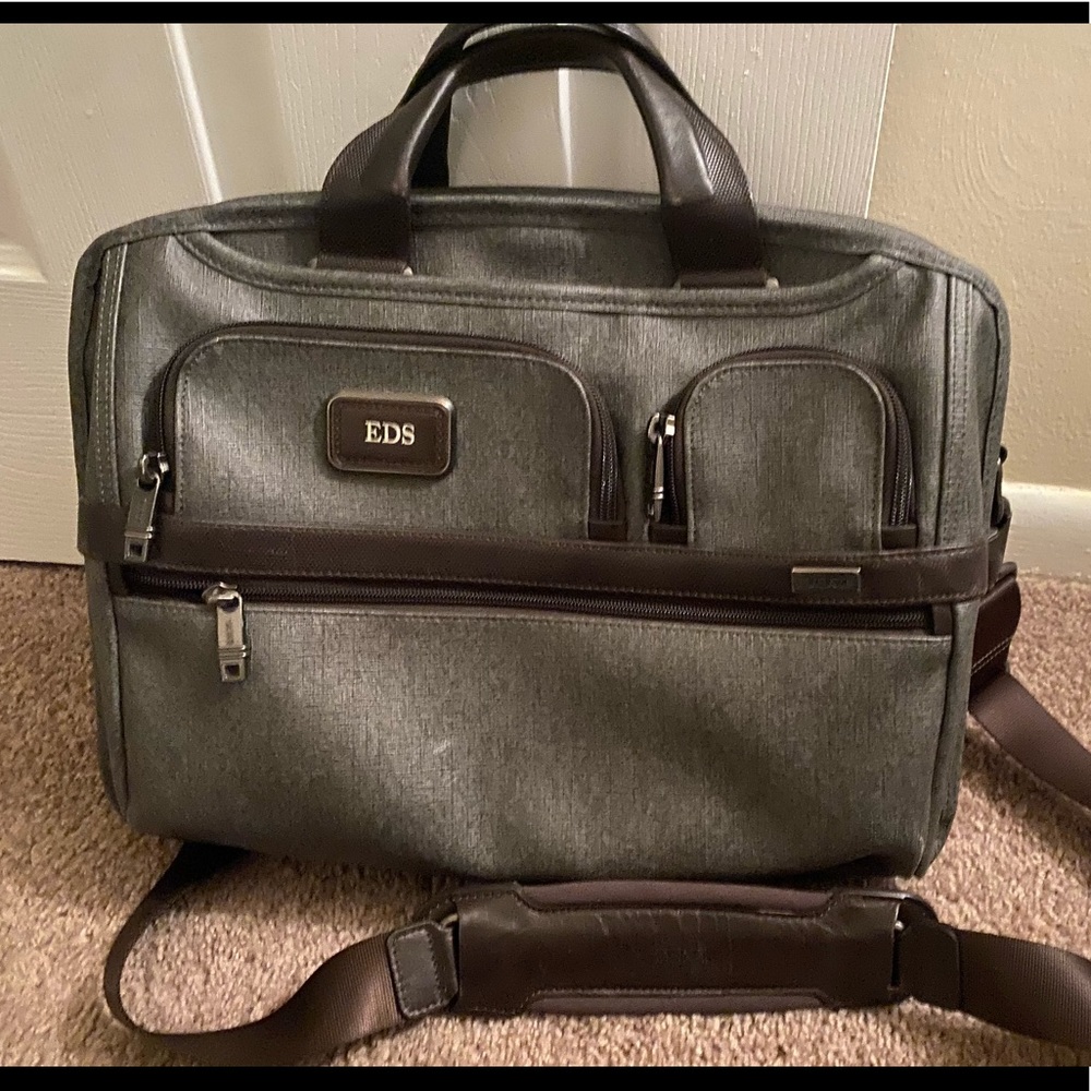 Tumi briefcase - brown leather with gray canvas